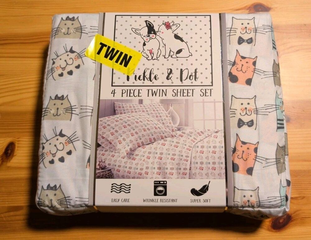 Pickle & Dot - Twin Sheet Set (4 Piece) - Cat Print / 2 sheets, 2 pillowcases